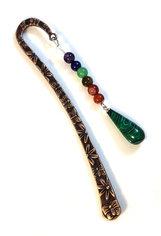 Bronze chakra bookmark, imitation malachite, 12.5cm