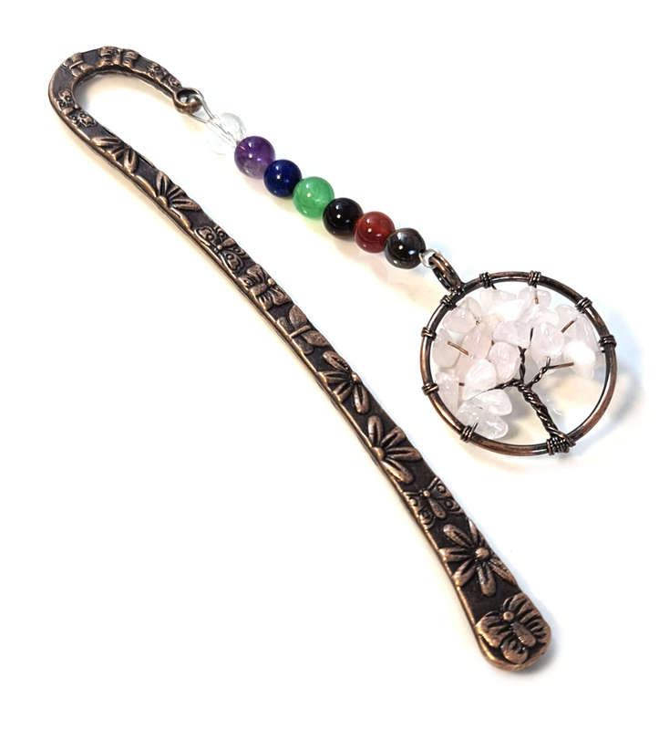 Bronze chakra bookmark w Tree of Life, Rose Quartz, 12.5cm