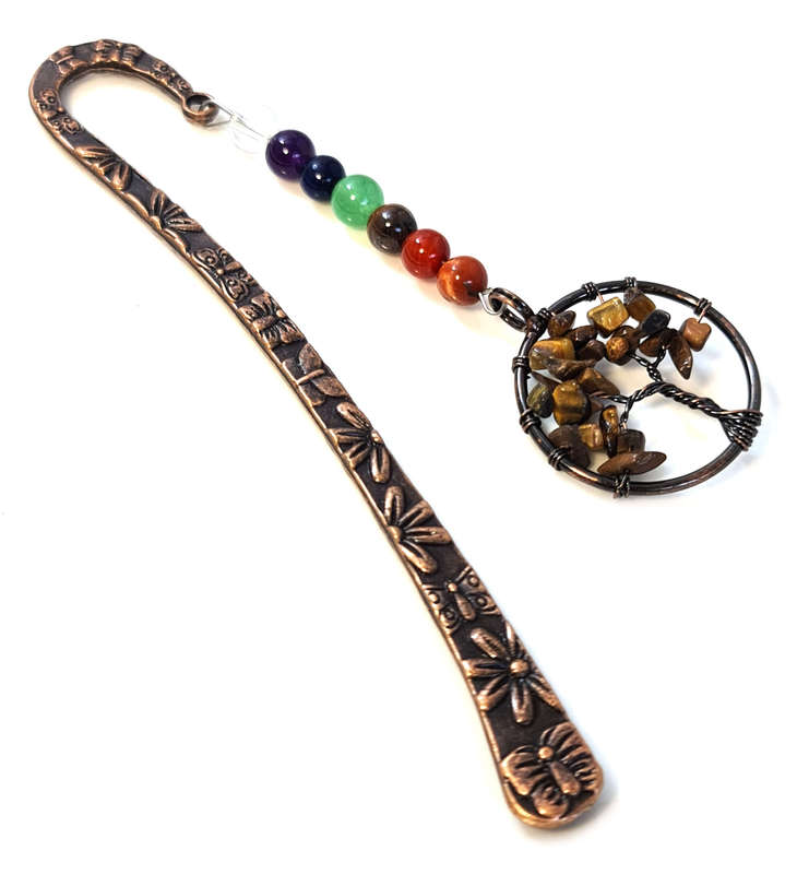 Bronze chakra bookmark w Tree of Life, Tiger Eye, 12.5cm