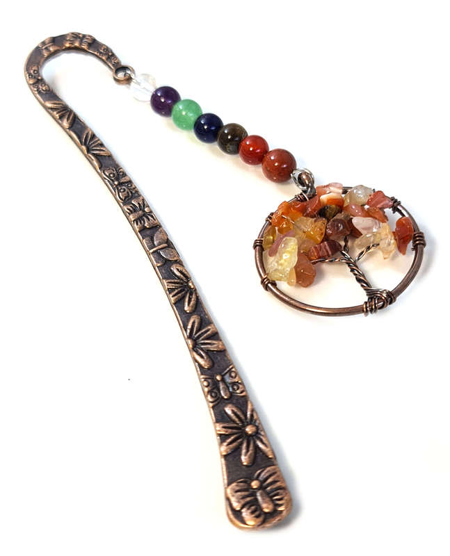 Bronze chakra bookmark w Tree of Life, Carnelian, 12.5cm