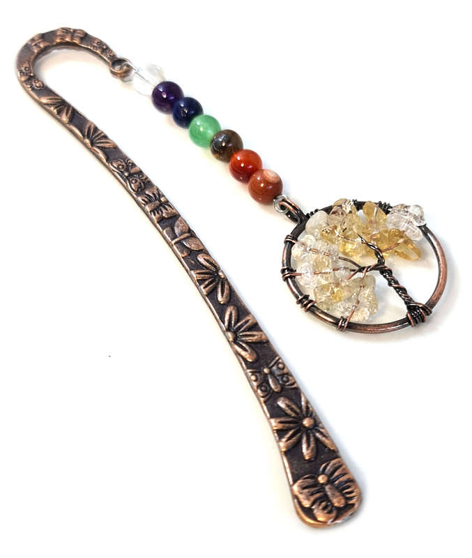 Bronze chakra bookmark w Tree of Life, Citrine, 12.5cm