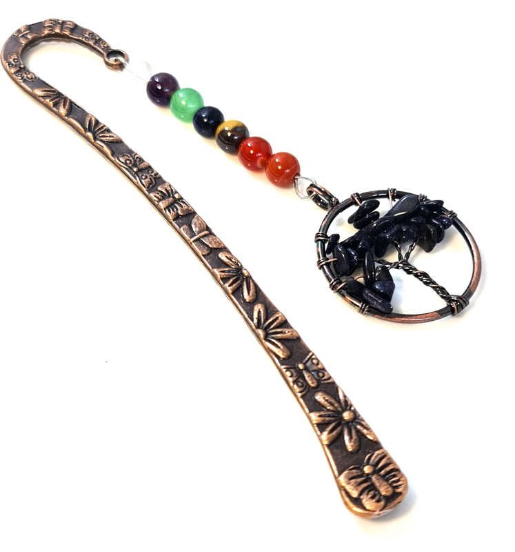 Bronze chakra bookmark w Tree of Life, Blue goldstone, 12.5cm