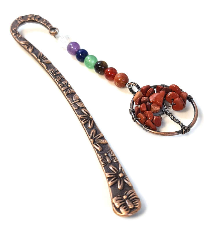 Bronze chakra bookmark w Tree of Life, Red Jasper, 12.5cm