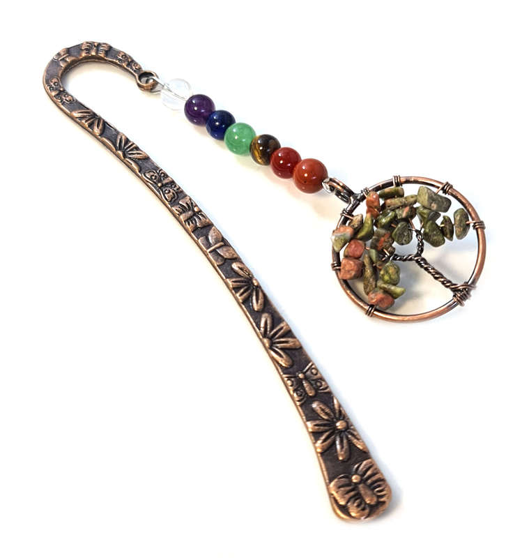 Bronze chakra bookmark w Tree of Life, Unakite, 12.5cm