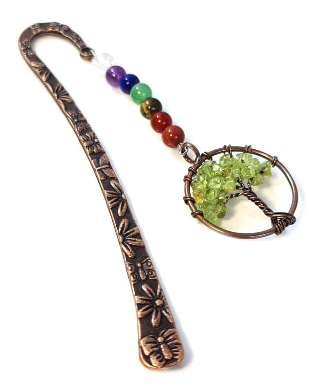 Bronze chakra bookmark w Tree of Life, Peridot, 12.5cm