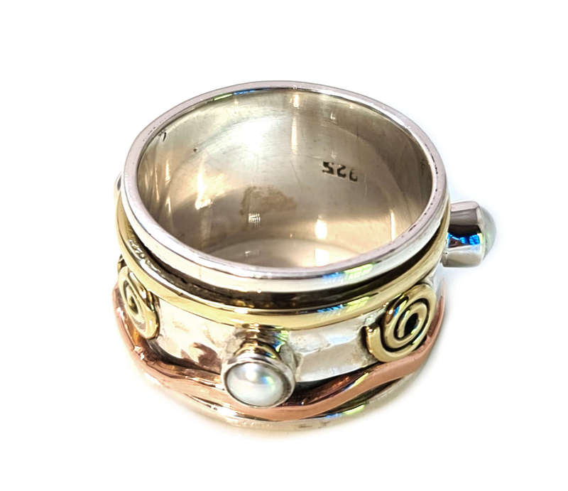 Swirl spinner ring w Pearls in 925 silver, 19mm ID