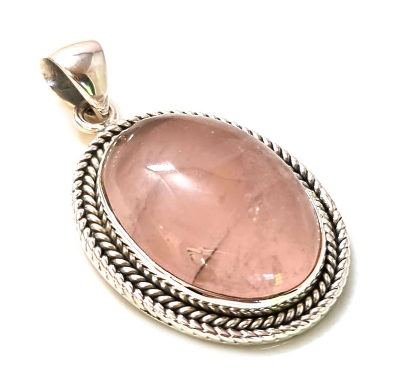 Rose Quartz cabochon pendant in 925 silver, oval, 45mm