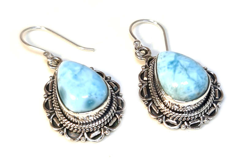Larimar cabochon earrings in 925 silver, pear, 38mm