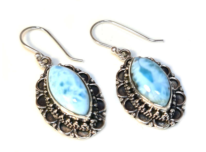 Larimar cabochon earrings in 925 silver, marquise, 40mm