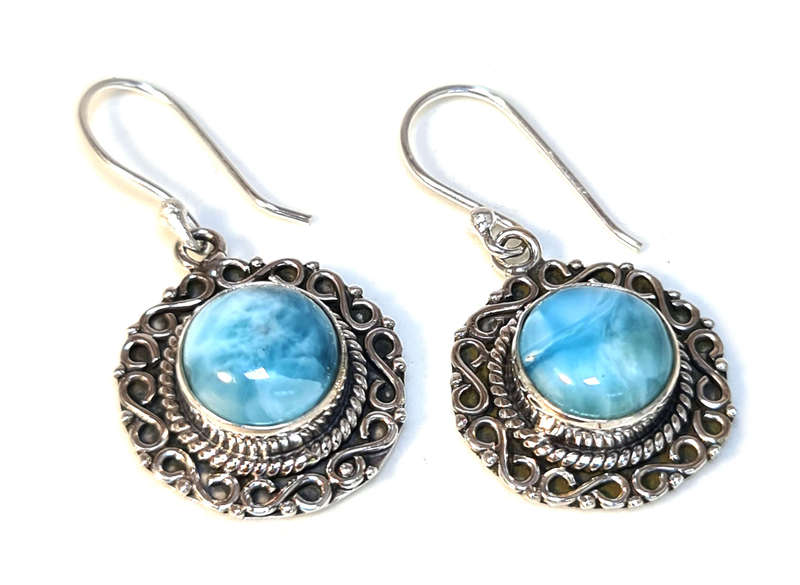 Larimar cabochon earrings in 925 silver, round, 36mm