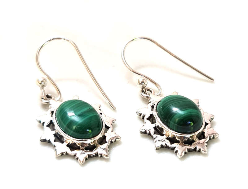 Malachite cabochon earrings in 925 silver, round, 34mm