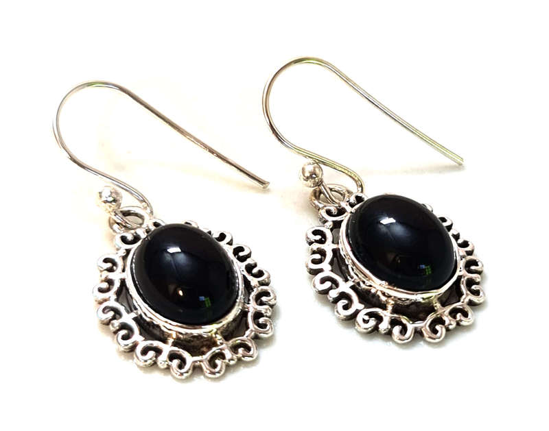 Onyx cabochon earrings in 925 silver, oval, 34mm