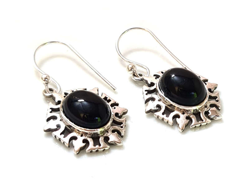 Onyx cabochon earrings in 925 silver, oval, 34mm