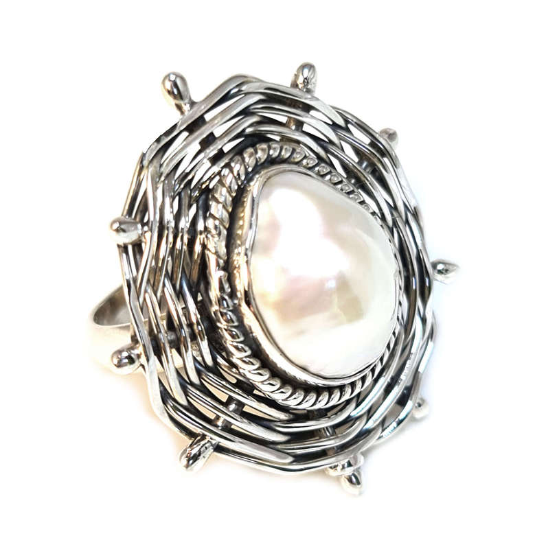 Freshwater Pearl ring in 925 silver, freeform, 17mm ID