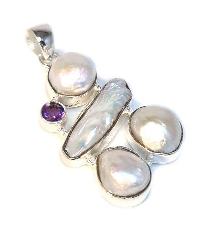 Freshwater Pearl w Amethyst pendant in 925 silver, 52mm