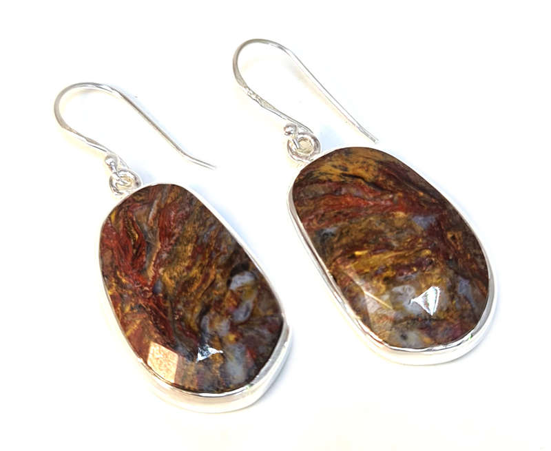 Jasper faceted cabochon earrings in 925 silver, freeform, 45mm