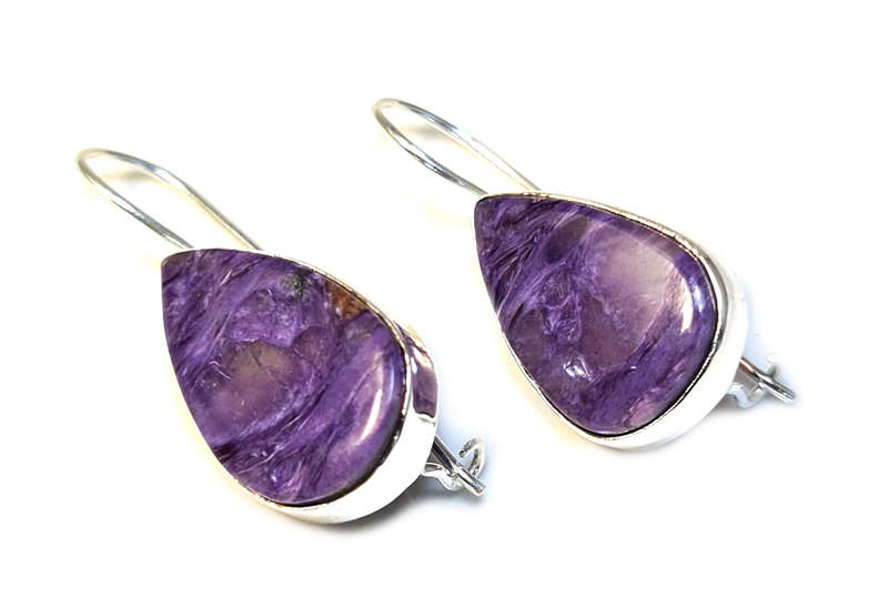 Charoite cabochon earrings in 925 silver, pear, 34mm