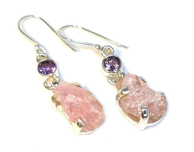 Morganite w Amethyst earrings in 925 silver, raw, 42mm incl. hook