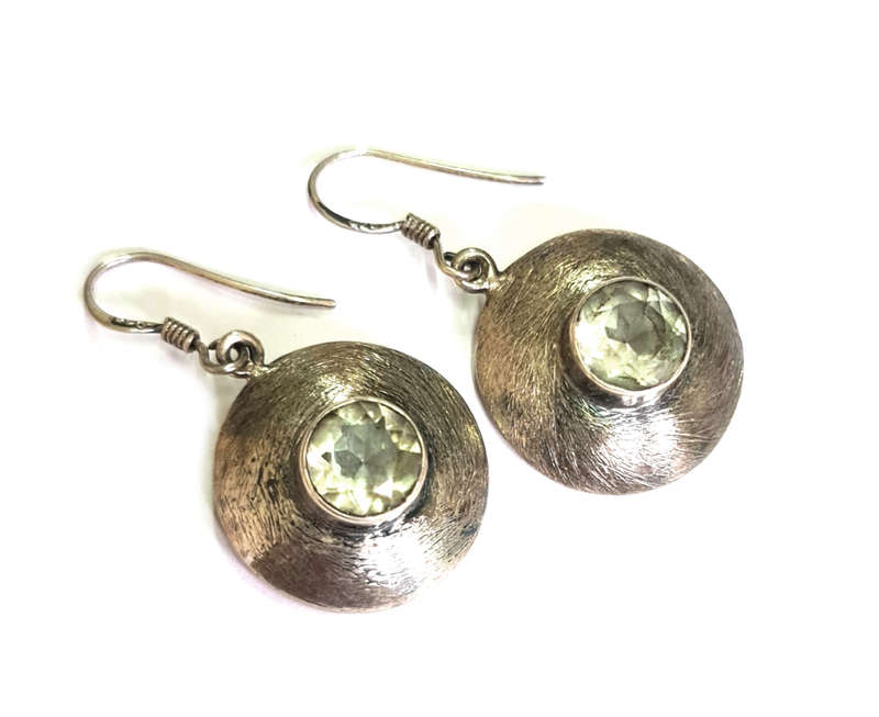 Round Lemon Quartz earrings in 925 silver, brushed finish, 38mm