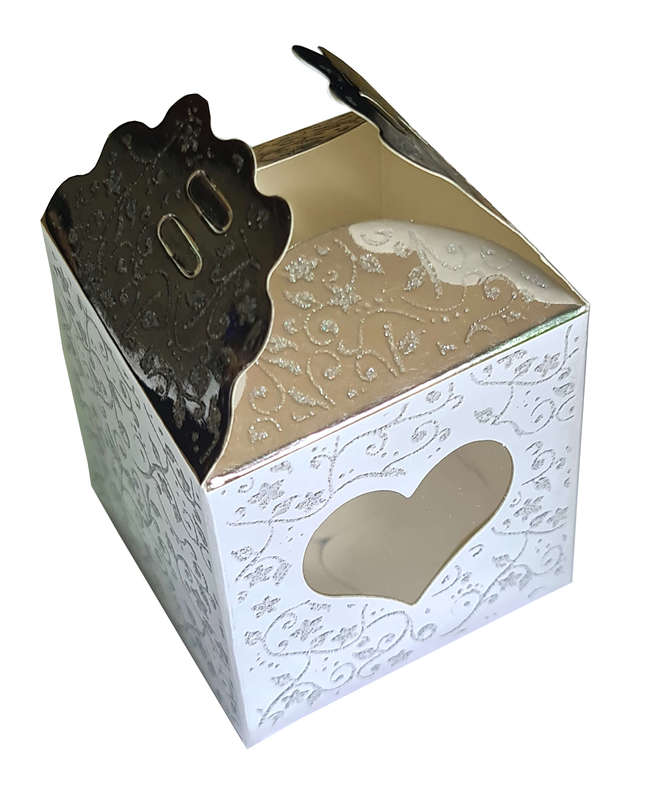 DIY fold gift box, silver w heart, 6cm