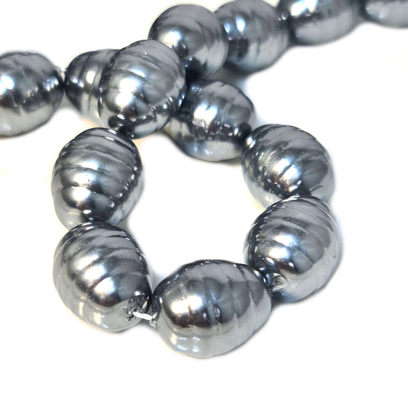 Shell pearl string, ringed baroque - dark grey, 13x16mm, 40cm