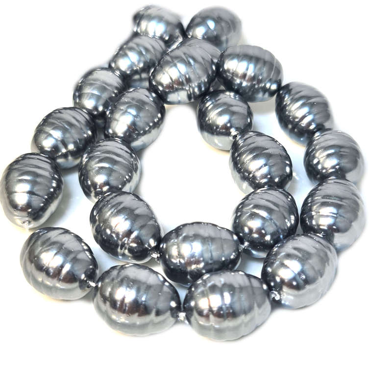 Shell pearl string, ringed baroque - dark grey, 13x16mm, 40cm