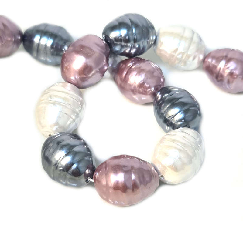 Shell pearl string, ringed baroque - cream, dark grey, mauve, 13x16mm, 40cm