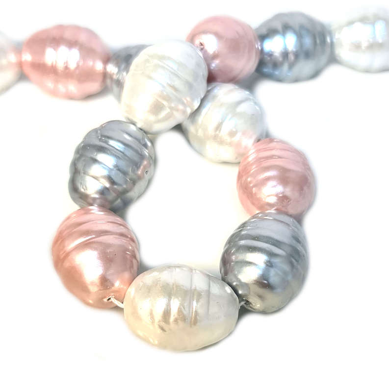 Shell pearl string, ringed baroque - cream, silver, rose, 13x16mm, 40cm