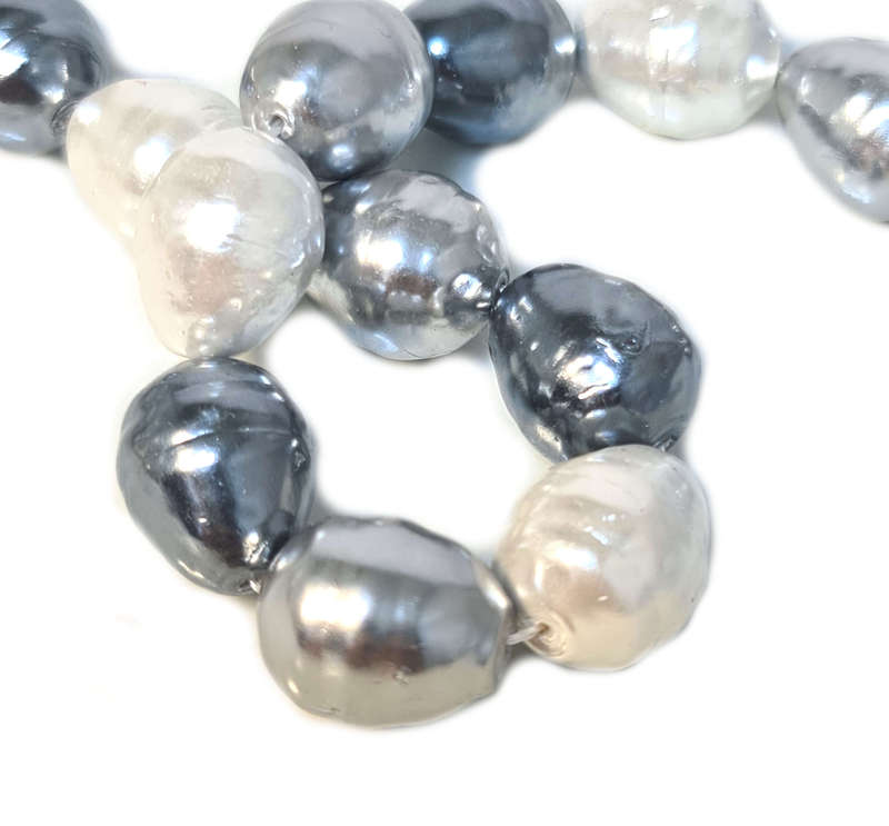 Shell pearl string, ringed baroque - cream, silver, dark grey, 13x16mm, 40cm