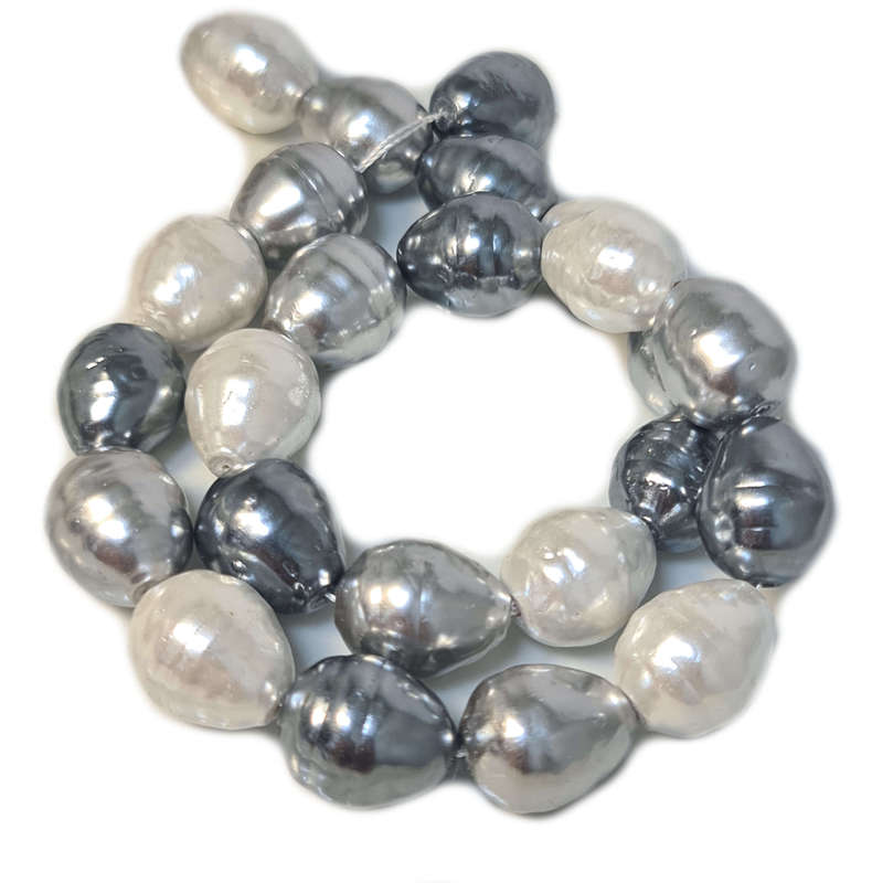 Shell pearl string, ringed baroque - cream, silver, dark grey, 13x16mm, 40cm