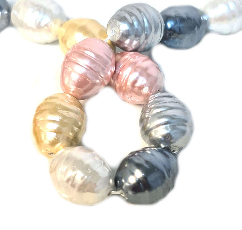 Shell pearl string, ringed baroque - cream, pink, yellow, silver, grey, 13x16mm, 40cm