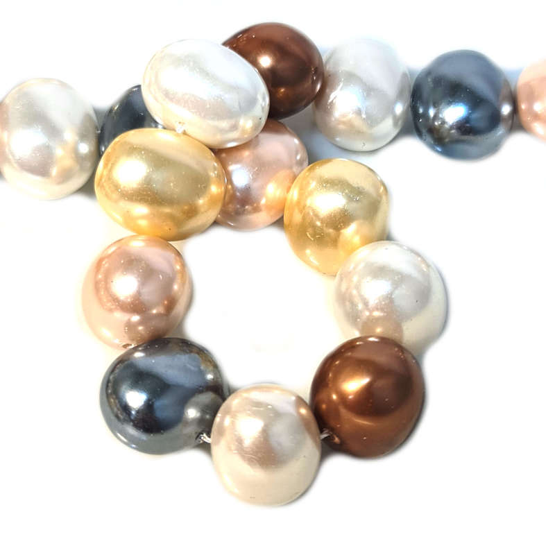 Shell pearl string, oval- cream, peach, yellow, grey, bronze, 12x16mm, 40cm