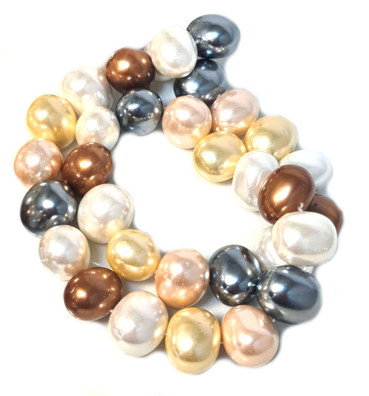 Shell pearl string, oval- cream, peach, yellow, grey, bronze, 12x16mm, 40cm