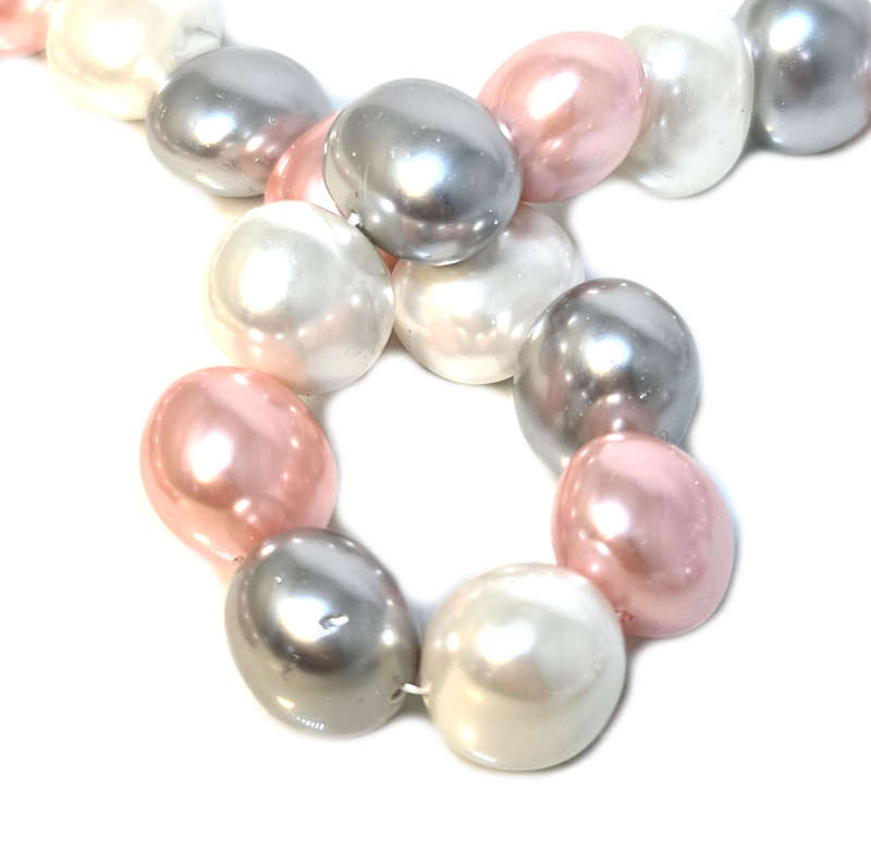 Shell pearl string, oval - cream, rose, silver, 12x16mm, 40cm