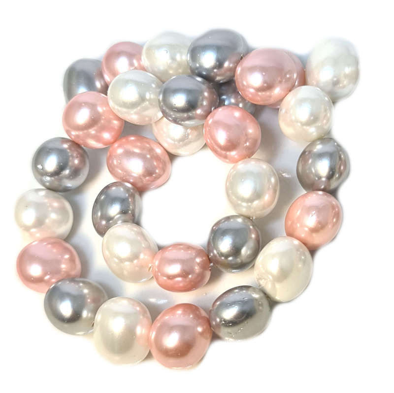 Shell pearl string, oval - cream, rose, silver, 12x16mm, 40cm