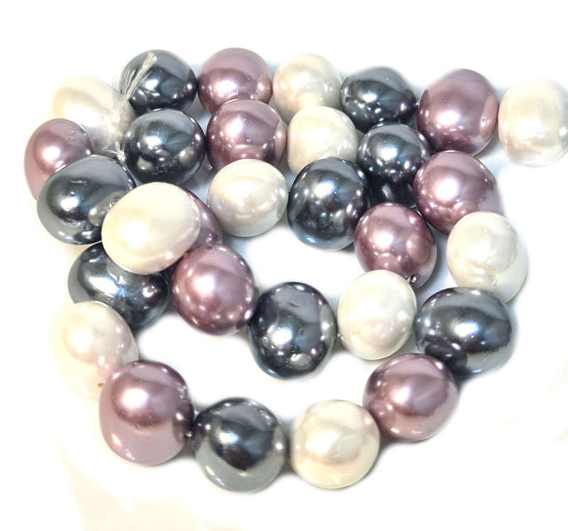 Shell pearl string, oval - cream, dark grey, mauve, 12x16mm, 40cm
