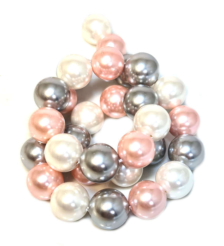 Shell pearl string, round - cream, creamrose, silver, 12mm, 40cm