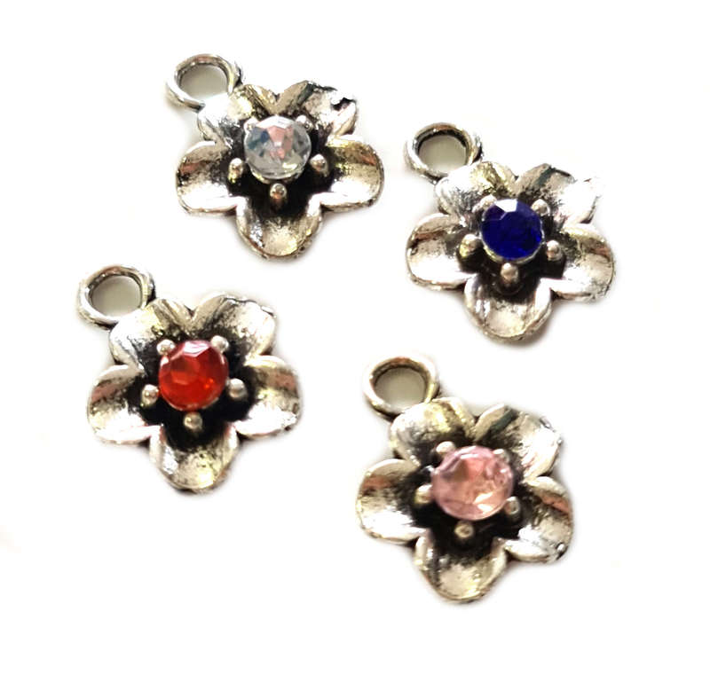 Flower charm w rhinestone, assorted, nickel free, 15mm