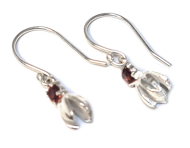 Chalice flower earrings in 925 silver, Garnet, 26mm incl. hook