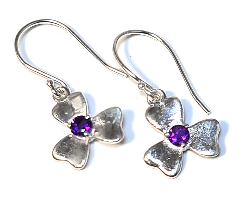 Clover earrings in 925 silver, Amethyst, 25mm incl. hook