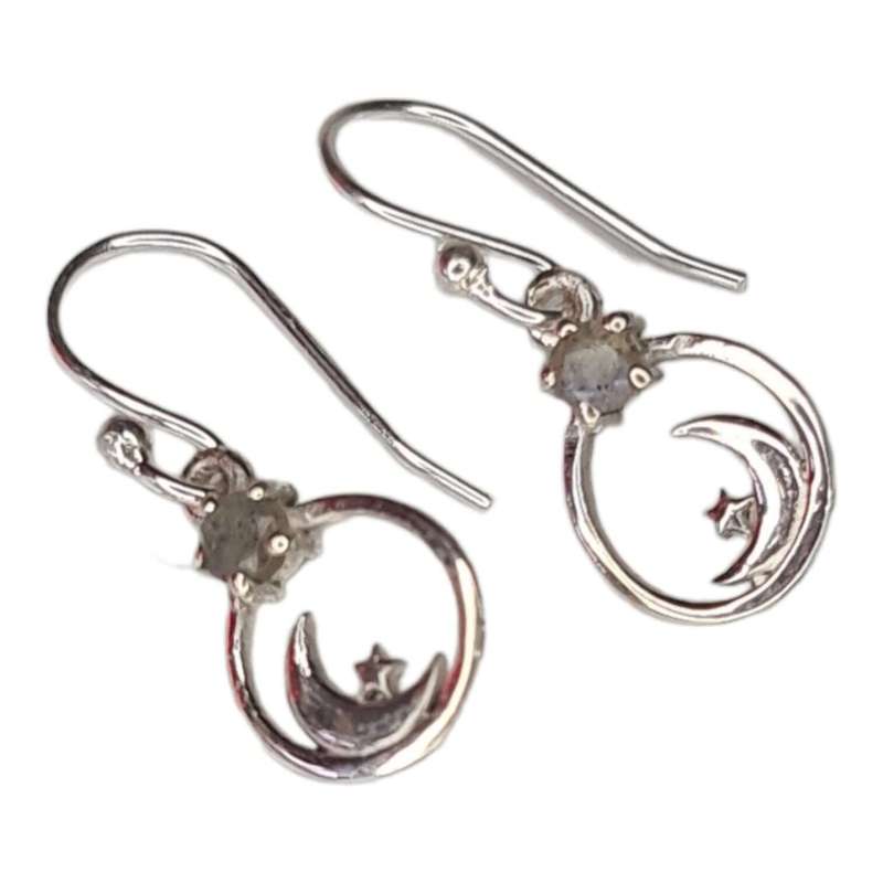 Moon & star earrings in 925 silver, Labradorite, 24mm incl. hook