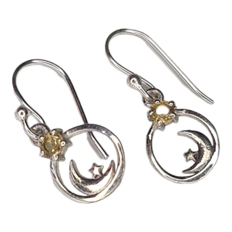 Moon & star earrings in 925 silver, Citrine, 24mm incl. hook