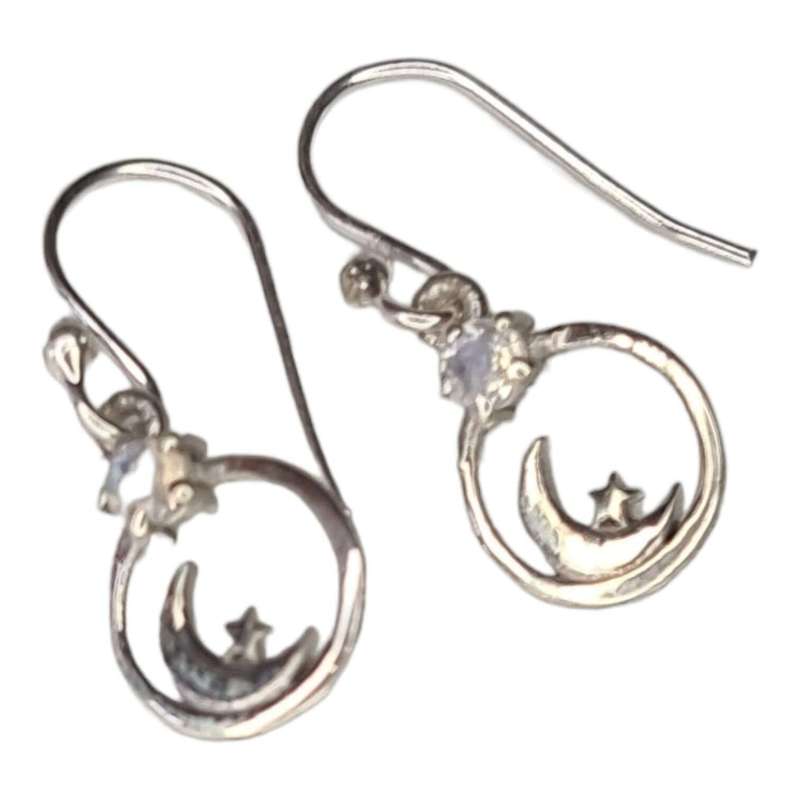 Moon & star earrings in 925 silver, Moonstone, 24mm incl. hook