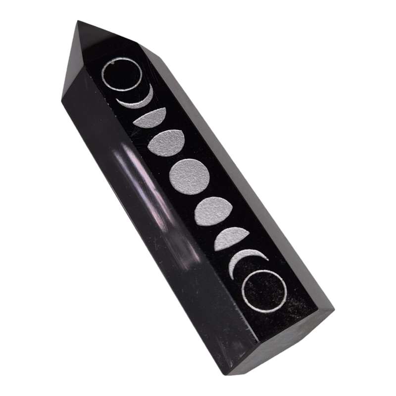 Obsidian point, moon phases carved, 8cm high