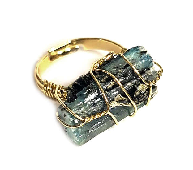 Kyanite wire wrapped dress ring, gold base, adjustable