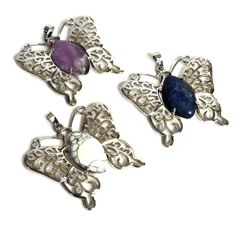 Gemstone butterfly pendant, assorted, 46mm
