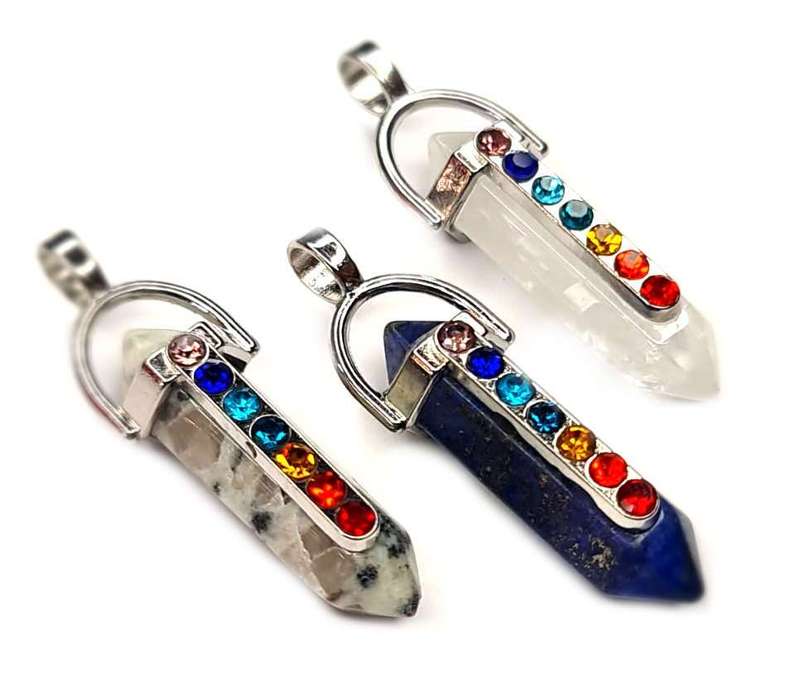 Gemstone pendant w chakra rhinestones, assorted, 44mm