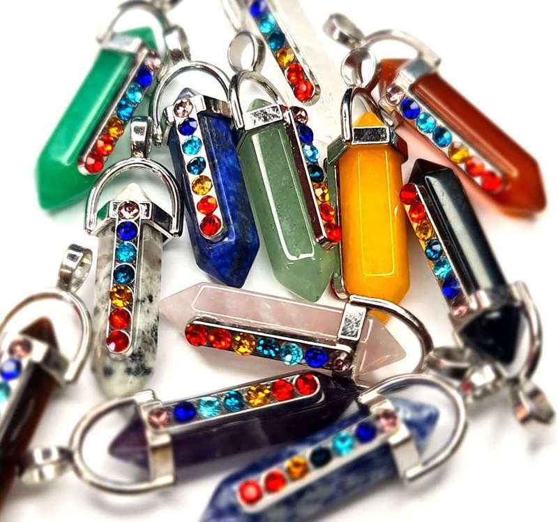 Gemstone pendant w chakra rhinestones, assorted, 44mm