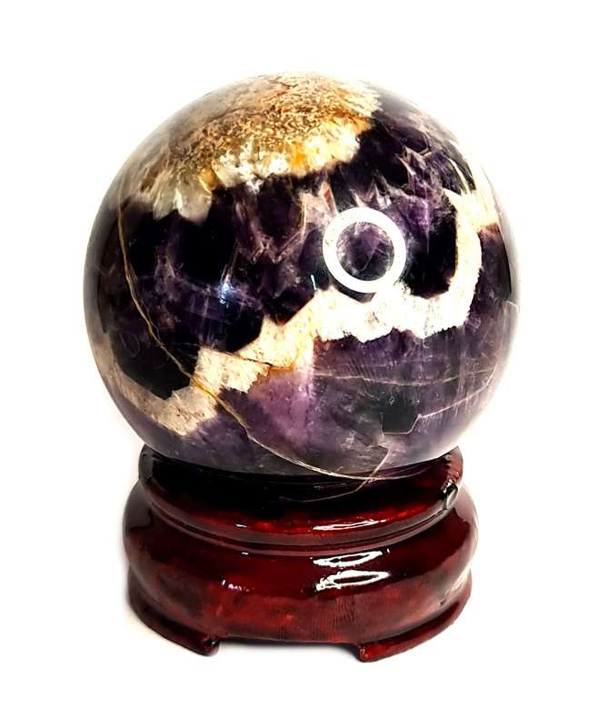 Zebra Amethyst Sphere on stand, 8cm high