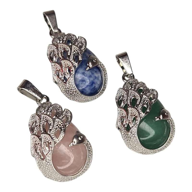 Gemstone peacock pendant, assorted, 40mm incl. bail